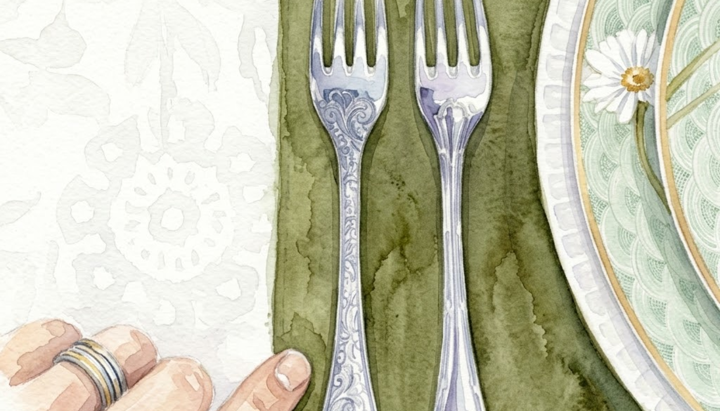 Fourchettes en argent dressées sur serviette verte — Art de la Table, Epicure Floriano
